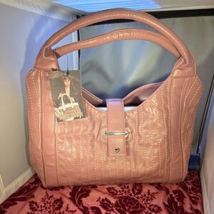 Secosana Women's Pink Shoulder Bag with Stitching Accents and Double Handles